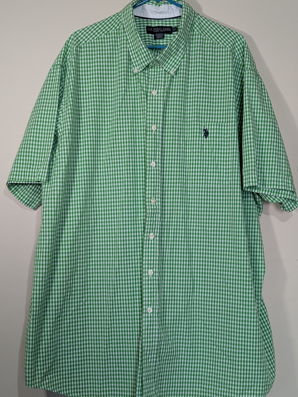 U.S. Polo Assn Button Up Shirt Men 3XT Green Gingham Short Sleeve Big & Tall